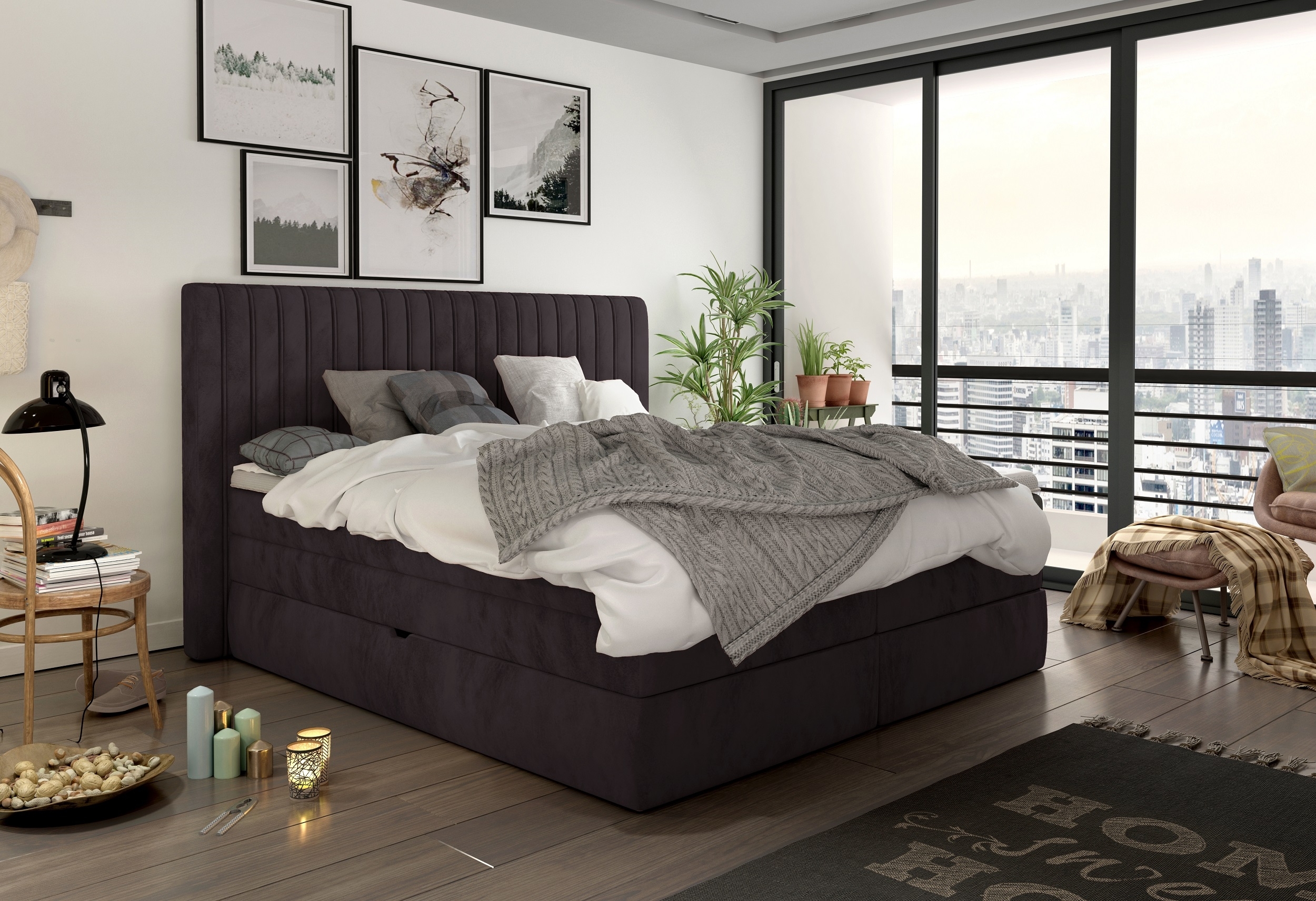 Pat rabatabil cu lada de depozitare, tapitat cu stofa Minola Boxspring Maro, topper inclus, 200 x 160 cm + Pachet Bonus "Fara Griji" + Covor Bonus