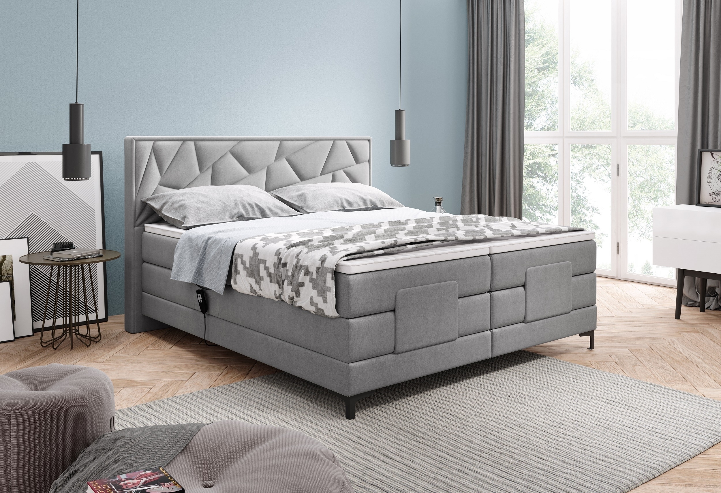 Pat tapitat cu stofa, cu reglaj electric Holme Boxspring Gri deschis, topper inclus, 200 x 180 cm