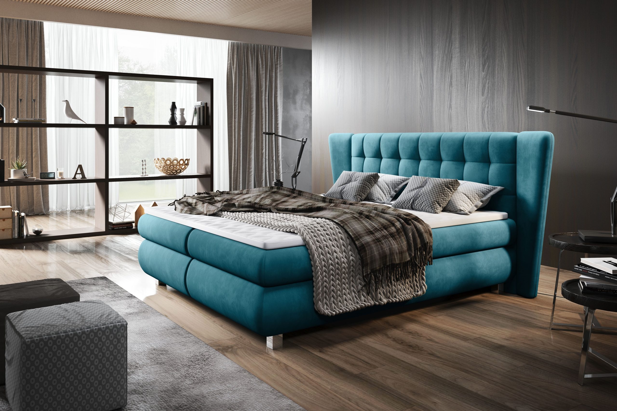Pat tapitat cu stofa Florentino Boxspring Petrol, topper inclus, 200 x 180 cm + Pachet Bonus "Fara Griji" + Covor Bonus