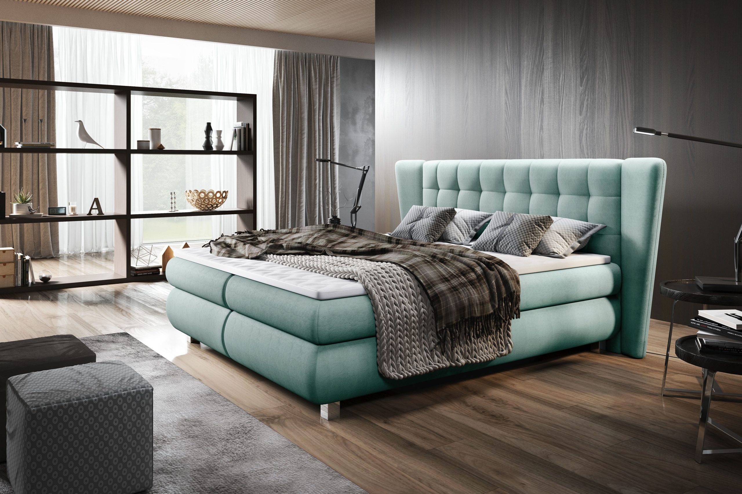 Pat tapitat cu stofa Florentino Boxspring Verde Mint, topper inclus, 200 x 180 cm