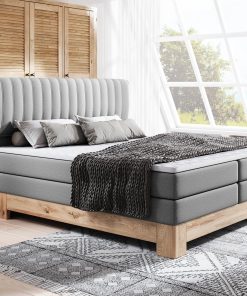 Pat tapitat cu stofa Melia Boxspring Gri, topper inclus, 200 x 160 cm