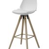 Scaun de bar din plastic, sezut tapitat cu piele ecologica si picioare din lemn Oslo Alb / Stejar Deschis, l46,5xA49xH105,5 cm