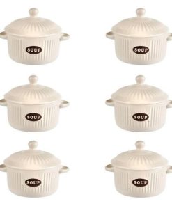 Set format din 6 boluri de servit din ceramica cu manere si capac pentru supa, Bej, 600 ml, AMA