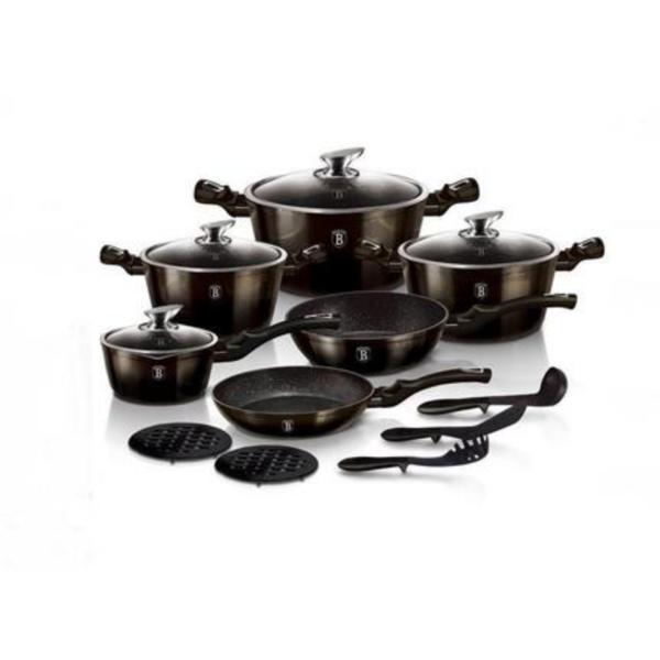 Set oale, cratite si tigai marmorate, 18 piese, din aluminiu forjat, METALLIC LINE SHINE BLACK EDITION, Berlinger Haus, BH 6614