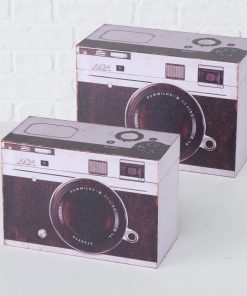 Set 2 cutii pentru depozitare, din MDF Fotoapparat Alb / Negru, L24xl12xH17 cm / L20xl9xH14 cm