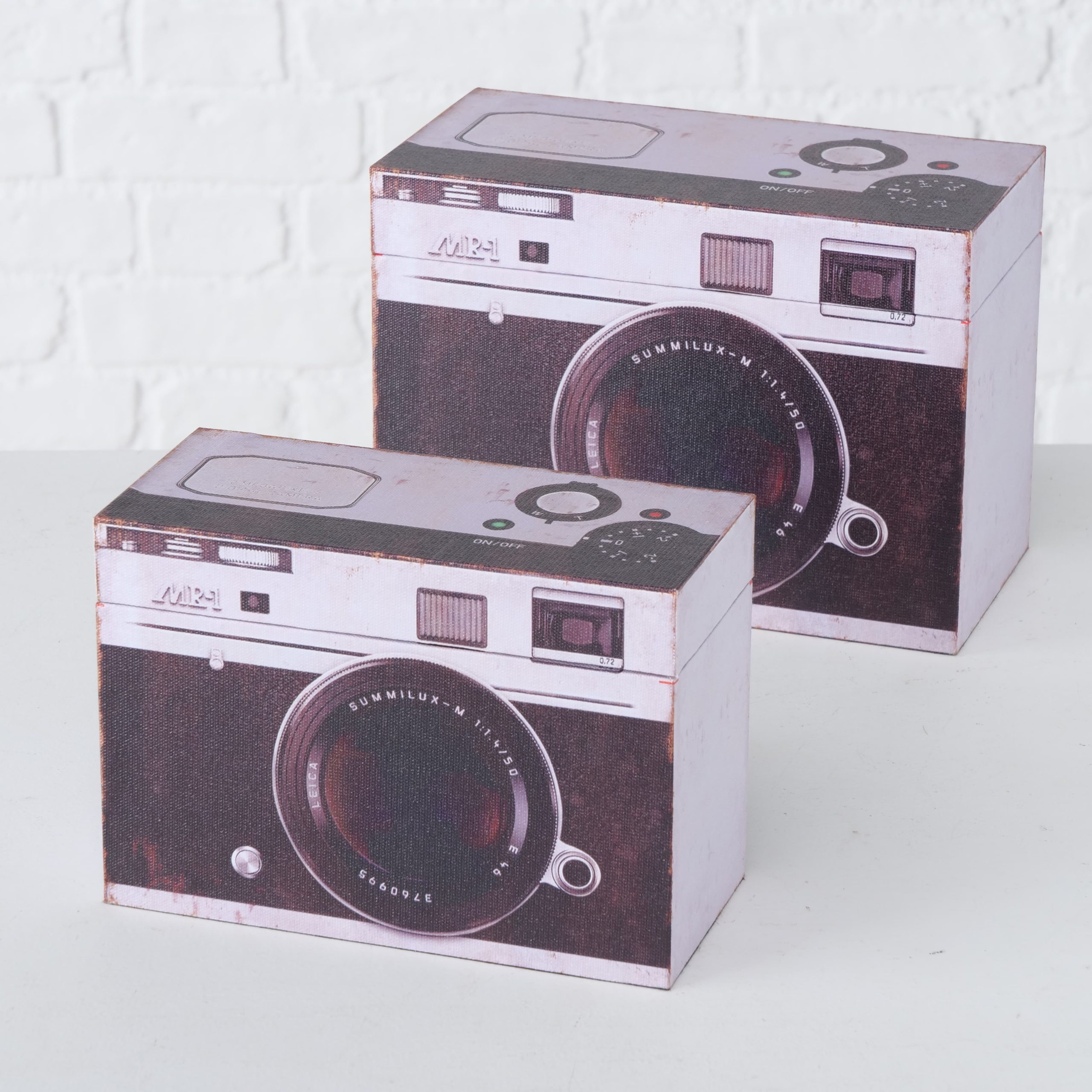 Set 2 cutii pentru depozitare, din MDF Fotoapparat Alb / Negru, L24xl12xH17 cm / L20xl9xH14 cm
