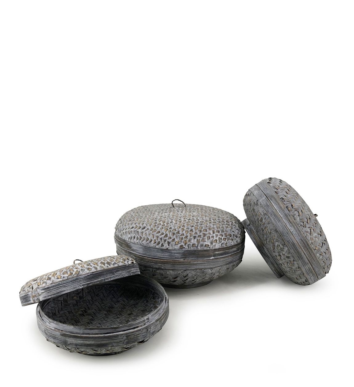 Set 3 cosuri pentru depozitare Bamboo Gri, Ø33xH18 cm / Ø30xH14 cm / Ø24xH12 cm