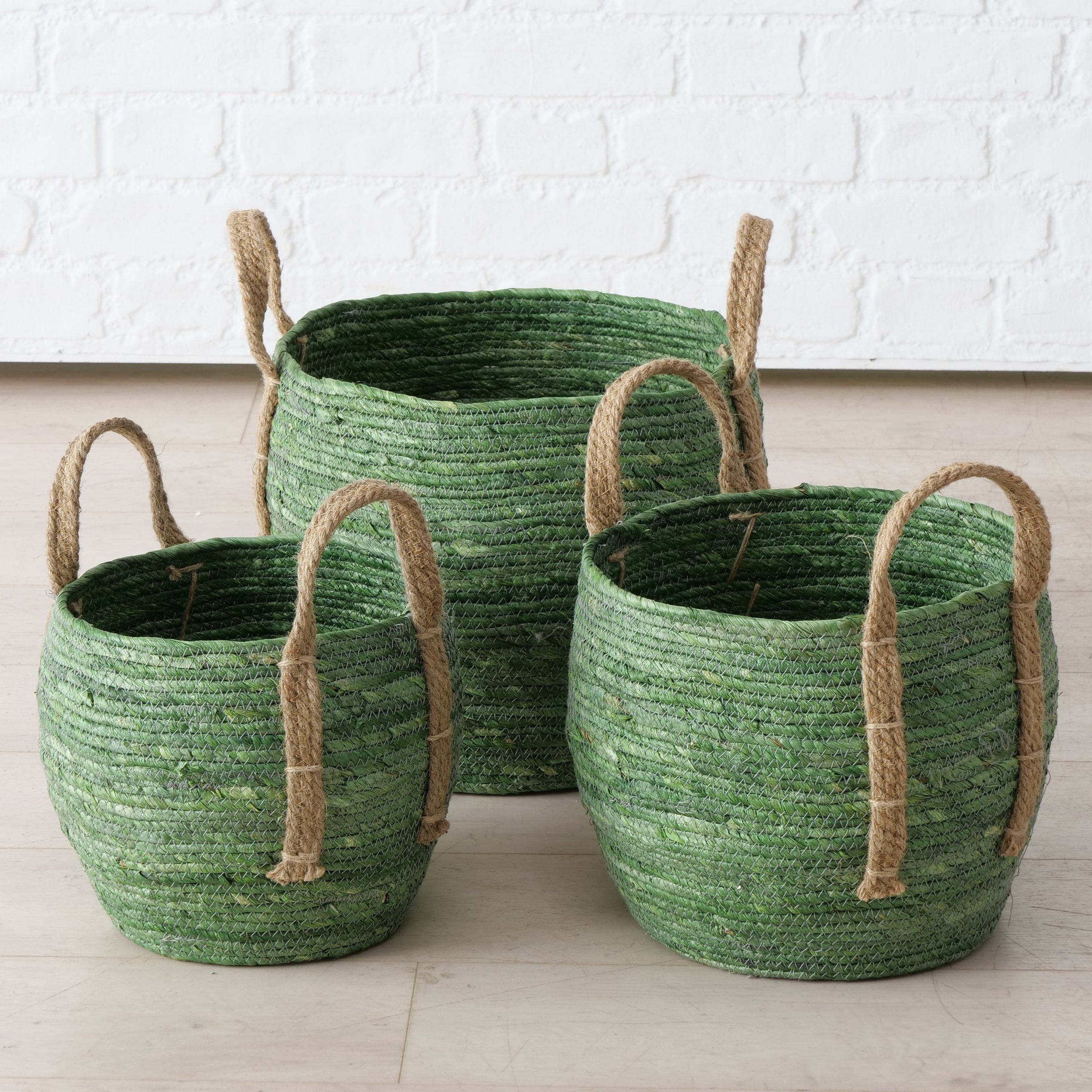 Set 3 cosuri pentru depozitare, din frunze de porumb si iuta Takeo Verde / Natural, Ø33xH30 cm / Ø28xH26 cm / Ø23xH22 cm