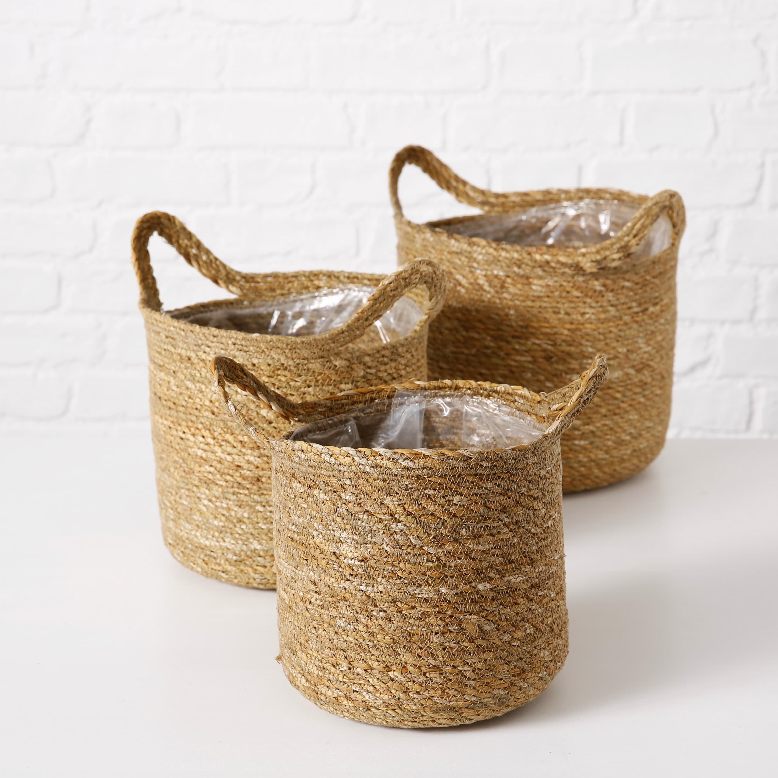 Set 3 ghivece din iarba de mare Dawid Natural, Ø25xH27 cm / Ø22xH26 cm / Ø19xH23 cm