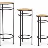 Set 3 masute suport telefon din metal si ratan Elyot Round Natural / Negru, Ø30xH70 cm / Ø25xH60 cm / Ø20xH50 cm