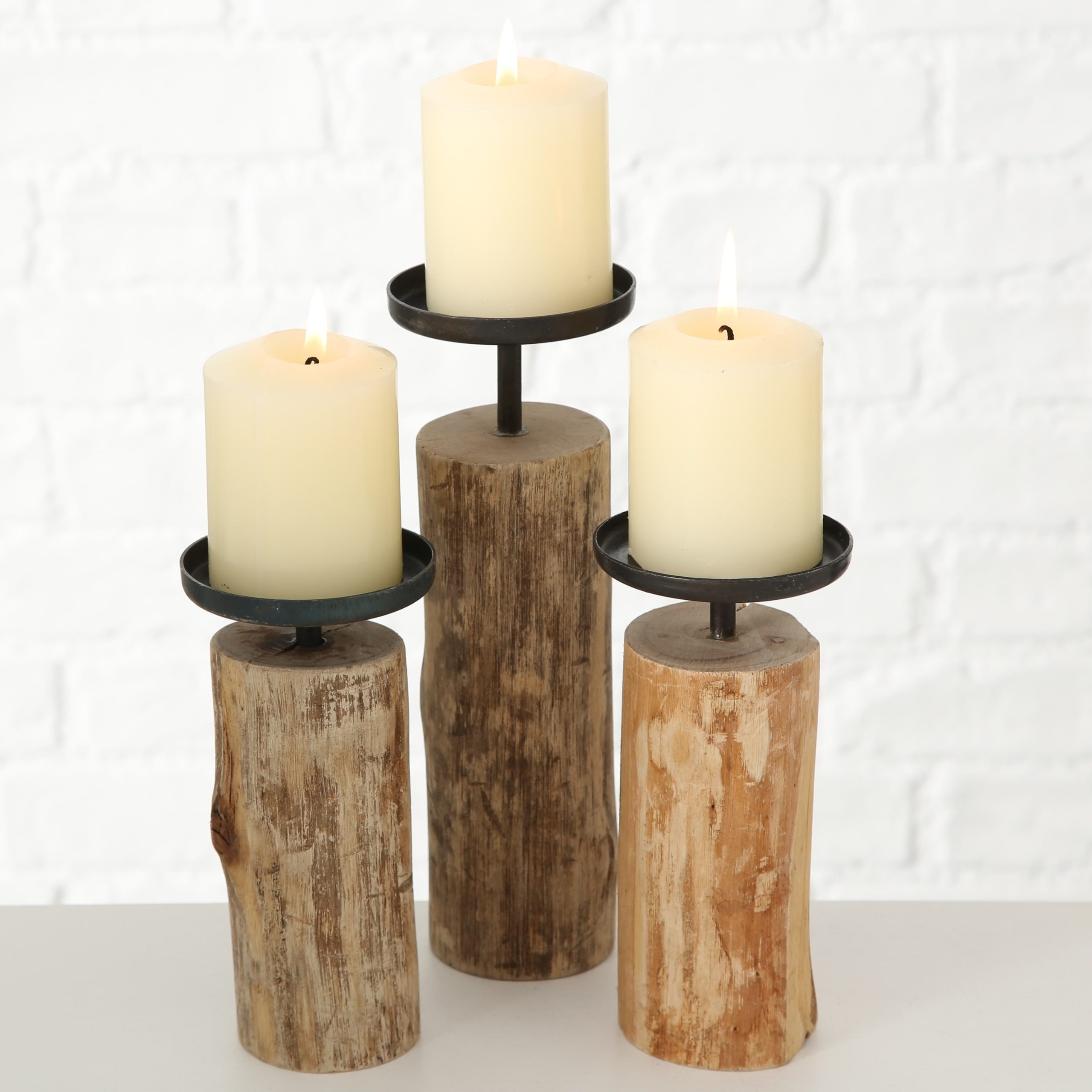 Set 3 suporturi pentru lumanari, din lemn si metal Tempe Natural / Negru, Ø8xH22 cm / Ø8xH14 cm