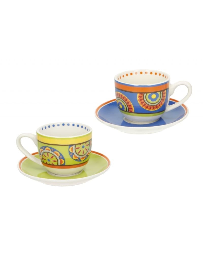 Set ceasca cu farfurioara din portelan, Mediterranea Albastru / Lime, 100 ml, 4 piese