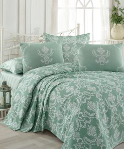 Set cuvertura de pat din bumbac, Pure Verde / Alb, 4 piese, 200 x 235 cm