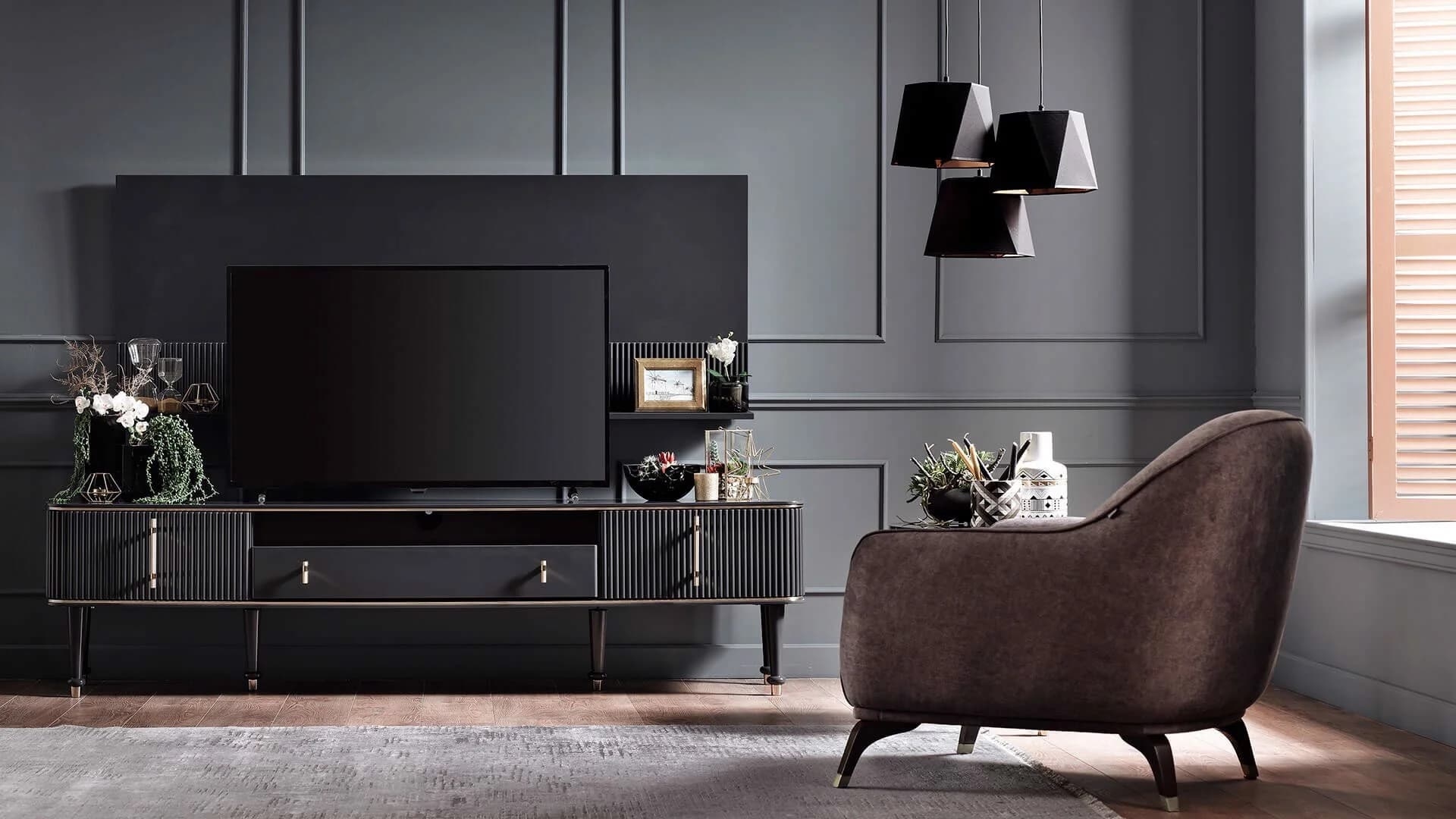 Set de mobila living MDF si pal, 2 piese Olivia Antracit