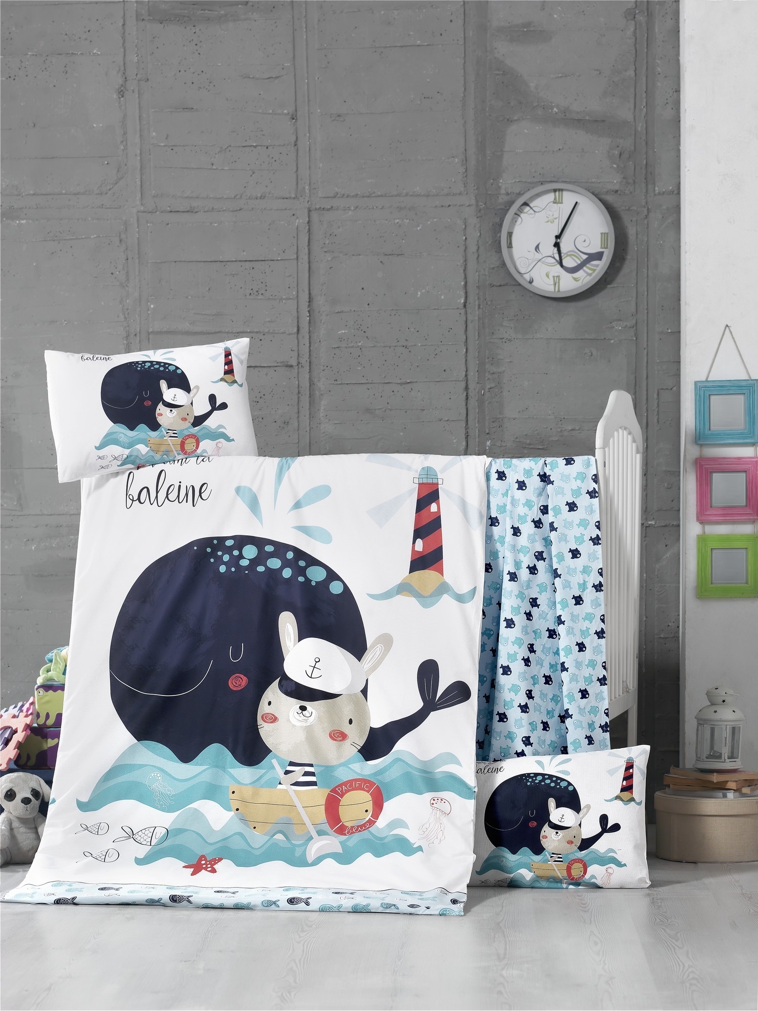 Set lenjerie pentru copii, din bumbac Ranforce, 4 piese, Fisher Multicolor, 100 x 150 cm