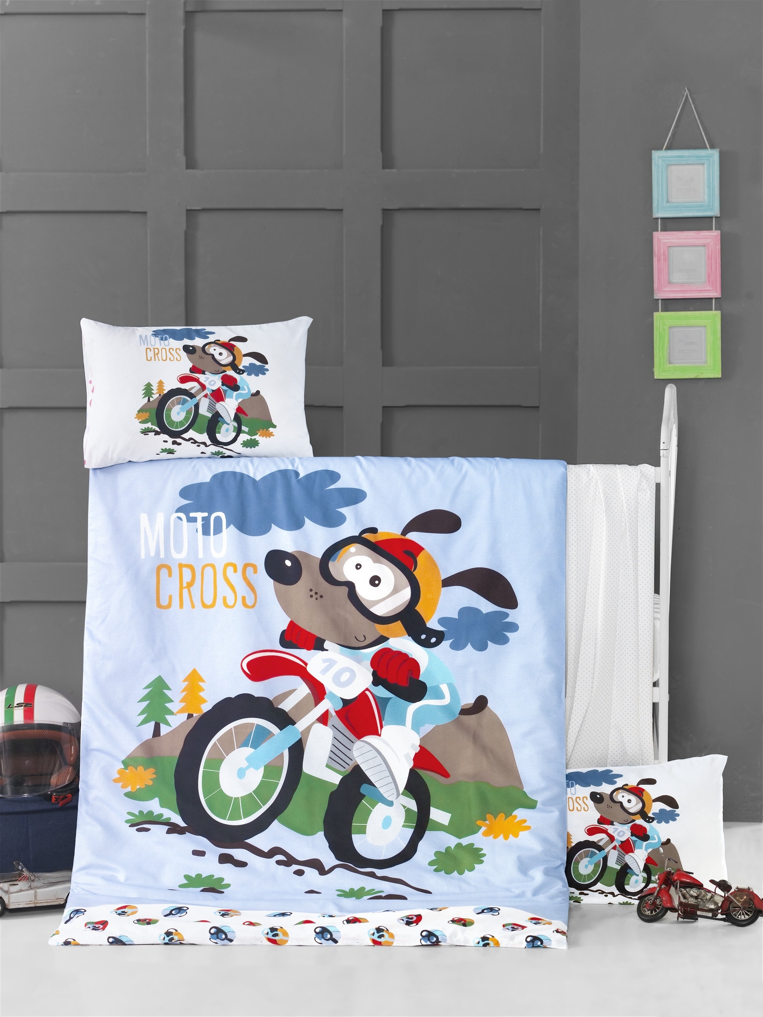 Set lenjerie pentru copii, din bumbac Ranforce, 4 piese, Moto Cross Multicolor, 100 x 150 cm