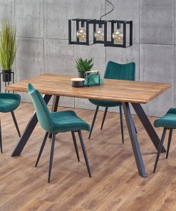 Set masa din MDF, furnir si metal Esposito Nuc / Negru + 4 scaune tapitate cu stofa K388 Velvet Verde Inchis / Negru, L160xl90xH76 cm