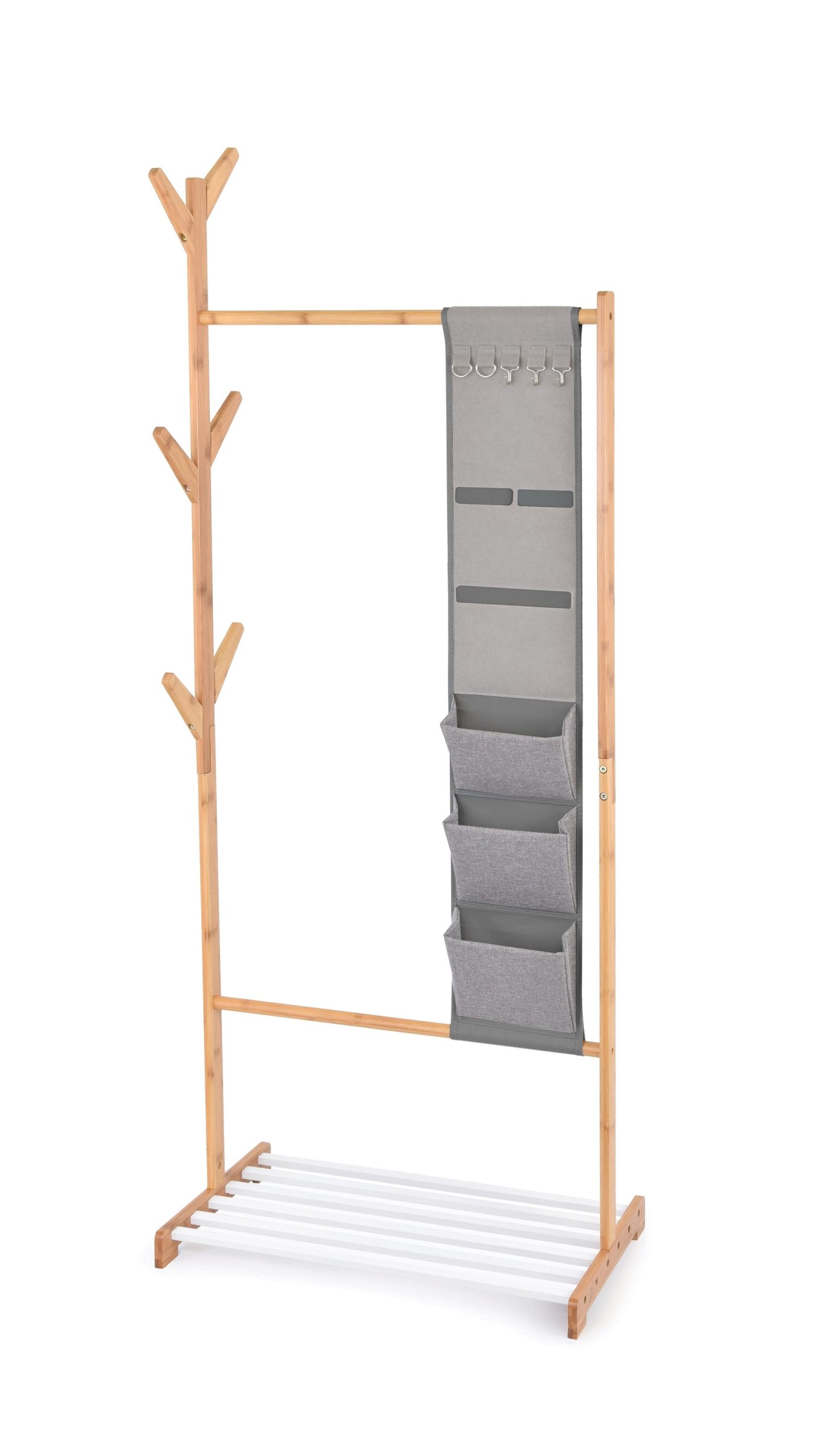 Suport pentru umerase si incaltaminte, cu organizator pentru accesorii, Bamboo II Natural / Alb, l65xA38xH167 cm