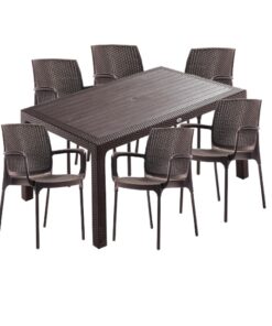 Set mobilier gradina CULINARO SAKU imitatie ratan, masa 90x150x75cm, 6 scaune 57x57xH84cm polipropilena/fibra sticla maro