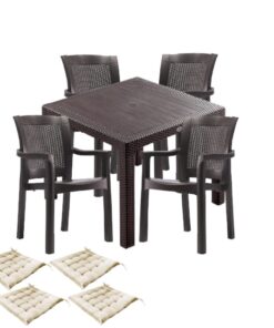 Set exterior gradina CULINARO KEILA imitatie ratan, masa patrata 90x90x75cm, 4 scaune 57x60xH90cm polipropilena/fibra sticla maro, 4 perne scaun