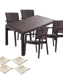 Set mobilier terasa CULINARO SILLAMAEE imitatie ratan, masa 90x150x75cm, 4 scaune 62x58xH88cm polipropilena/fibra sticla maro, 4 perne scaun