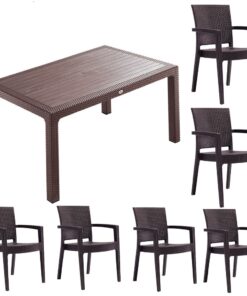 Set mobilier gradina CULINARO SILLAMAEE imitatie ratan, masa 90x150x75cm, 6 scaune 62x58xH88cm polipropilena/fibra sticla maro