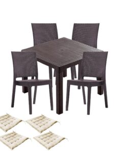 Set exterior gradina CULINARO JURI imitatie ratan, masa patrata 90x90x75cm, 4 scaune 59x44xH88cm polipropilena/fibra sticla maro, 4 perne scaun