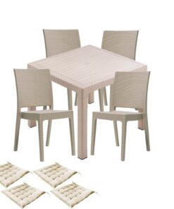 Set mobilier gradina CULINARO JURI imitatie ratan, masa patrata 90x90x75cm, 4 scaune 59x44xH88cm polipropilena/fibra sticla culoare cappuccino, 4 perne scaun