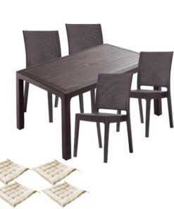 Set mobilier terasa CULINARO JURI imitatie ratan, masa 90x150x75cm, 4 scaune 59x44xH88cm polipropilena/fibra sticla maro, 4 perne scaun
