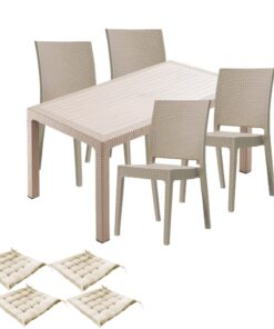 Mobila gradina CULINARO JURI imitatie ratan, masa 90x150x75cm, 4 scaune 59x44xH88cm polipropilena/fibra sticla culoare cappuccino, 4 perne scaun