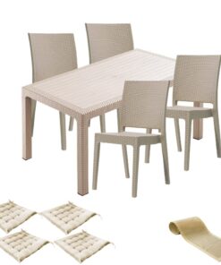 Set mobila gradina CULINARO JURI imitatie ratan, masa 90x150x75cm, 4 scaune 59x44xH88cm polipropilena/fibra sticla culoare cappuccino, 4 perne scaun, traversa P