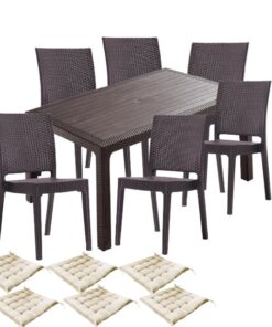 Set mobila gradina, terasa CULINARO JURI imitatie ratan, masa 90x150x75cm, 6 scaune 59x44xH88cm polipropilena/fibra sticla maro, 6 perne scaun
