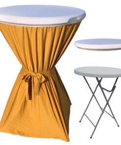 CULINARO Set masa pliabila rotunda, cocktail D80xH110cm, fata de masa aurie cu panglica, capac elastic alb