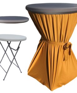 CULINARO Set masa pliabila rotunda, cocktail D80xH110cm, fata de masa aurie cu panglica, capac elastic gri