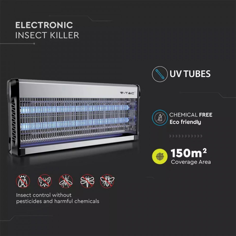Aparat UV anti-insecte electronic, 40W, 150 mp, negru-gri, V-TAC - imagine 2