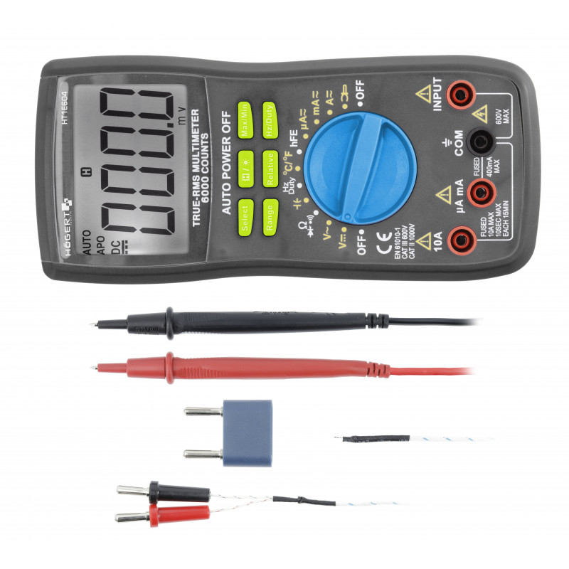Multimetru digital universal, True RMS, Auto Range, masurarea temperaturii, interval detectie 0-600 V, max. 10 A, Hogert Technik