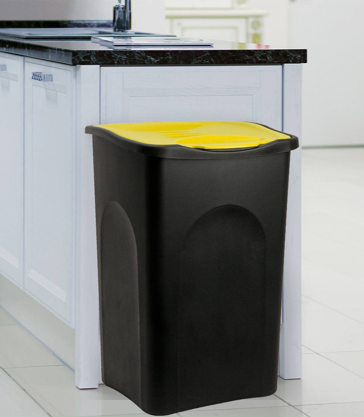 Cos gunoi cu capac, Plastic, Negru/Galben, 50 L - imagine 2