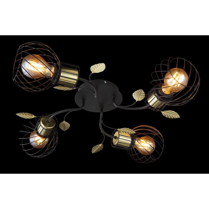 Plafoniera metal negru/alama, abajur gratii metalice cu decoratiuni sub forma de frunza, 4 becuri, dulie E27, 54113-4D, Globo - imagine 3