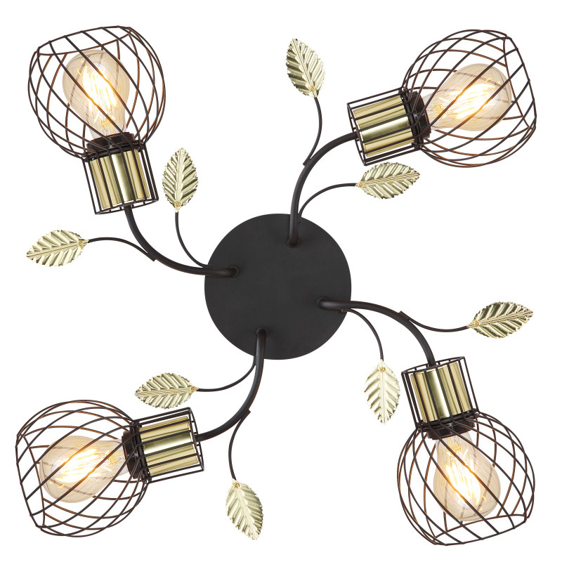 Plafoniera metal negru/alama, abajur gratii metalice cu decoratiuni sub forma de frunza, 4 becuri, dulie E27, 54113-4D, Globo - imagine 5
