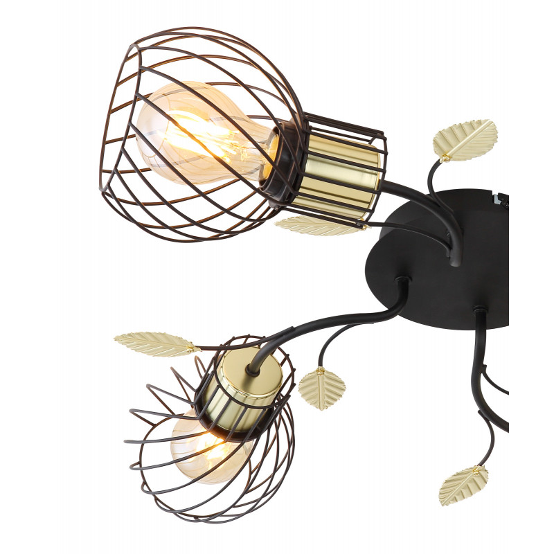 Plafoniera metal negru/alama, abajur gratii metalice cu decoratiuni sub forma de frunza, 4 becuri, dulie E27, 54113-4D, Globo - imagine 6