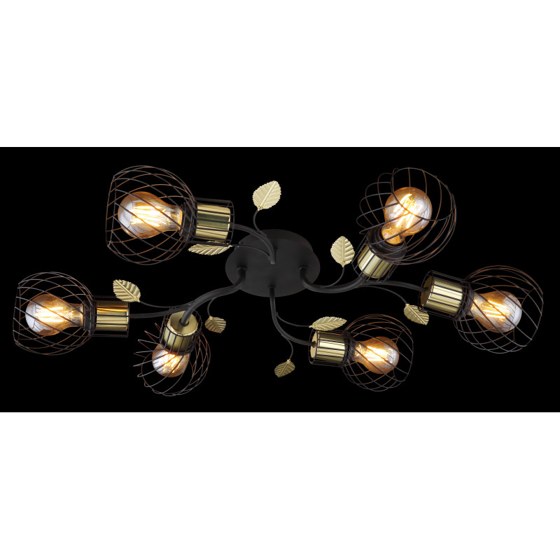 Plafoniera metal negru/alama, abajur gratii metalice cu decoratiuni sub forma de frunza, 6 becuri, dulie E27, 54113-6D, Globo - imagine 3