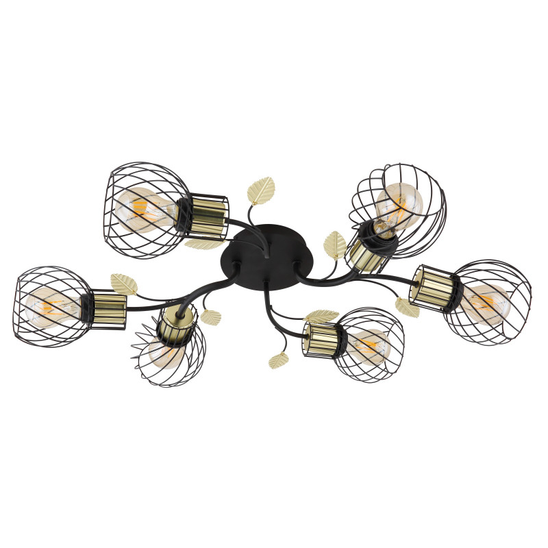 Plafoniera metal negru/alama, abajur gratii metalice cu decoratiuni sub forma de frunza, 6 becuri, dulie E27, 54113-6D, Globo - imagine 4