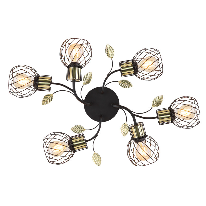 Plafoniera metal negru/alama, abajur gratii metalice cu decoratiuni sub forma de frunza, 6 becuri, dulie E27, 54113-6D, Globo - imagine 5