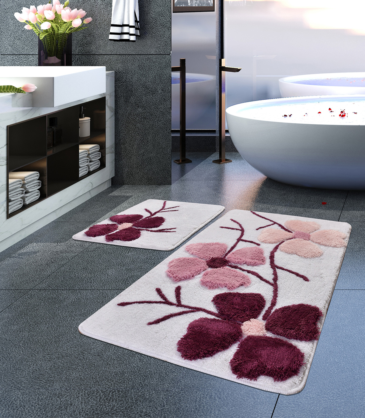 Set 2 covoare baie Flori, 60x100 cm, 50x60 cm, Antiderapant, Roz-Rosu - imagine 2
