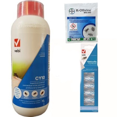 Set insecticide profesionale CY10, 1L si Kothrine WG250, 20 gr si 6x Banda adeziva muste, anti insecte taratoare si zburatoare, gandaci, plosnite, tantari, muste