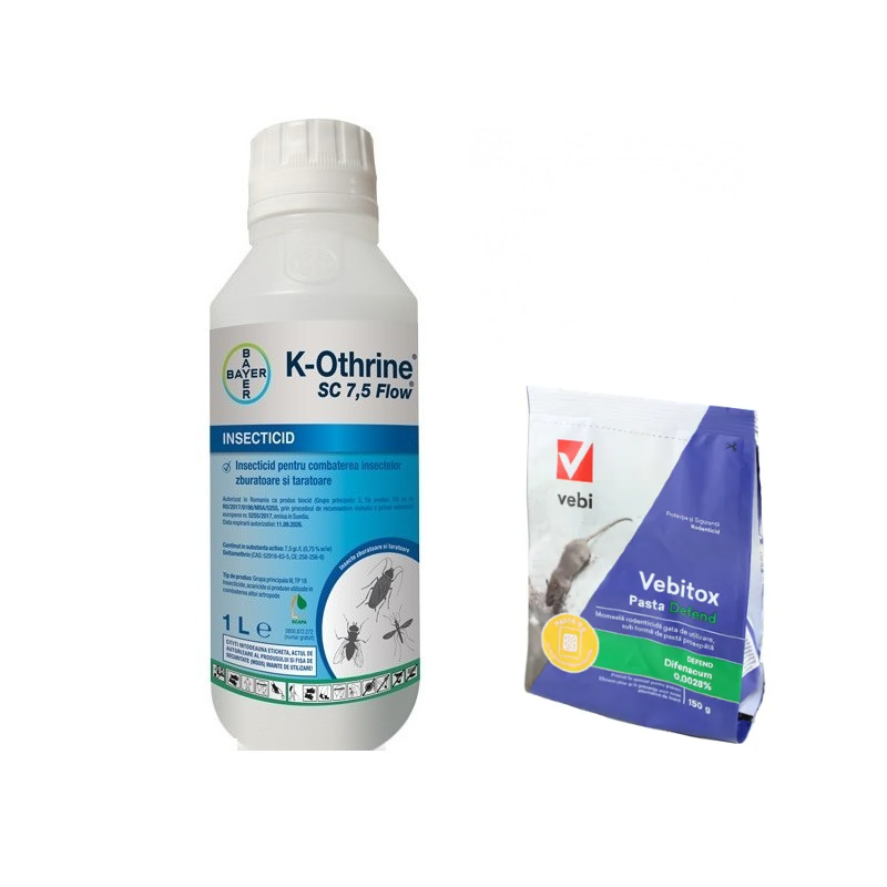 Set dezinsectie / deratizare Kothrine SC 7.5 Flow 1 L si raticid Vebitox Defend 150 gr, anti soareci si sobolani, tantari, gandaci de bucatarie, plosnite, muste, purici, insecte