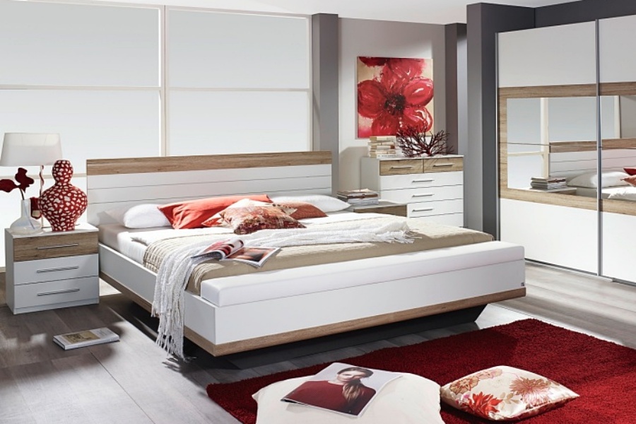 TARRAGONA Cadru pat + 2 noptiere + bancuta (180x200cm) alb alpin + sanremo