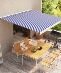 vidaXL Copertină manuală tip casetă, albastru și alb, 350 x 250 cm