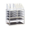 Organizator produse cosmetica, 8 sertare, suport pentru pensule, creioane si rujuri, Transparent /Auriu, Acri
