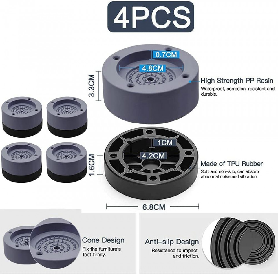 Set 4 suporti amortizare - picioare antivibratii pentru masina de spalat rufe Delee, cauciuc, gri/negru, 4,9 x 6,8 cm - imagine 6